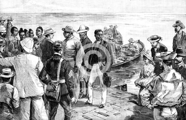 Landing of Dinizulu, the exiled Zulu Prince, at St. Helena, 1890. Creator: P Naumann.