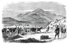Landing of Sikh horses at Odin Bay, Talien-Wan - from a sketch by our special artist in China, 1860. Creator: Unknown