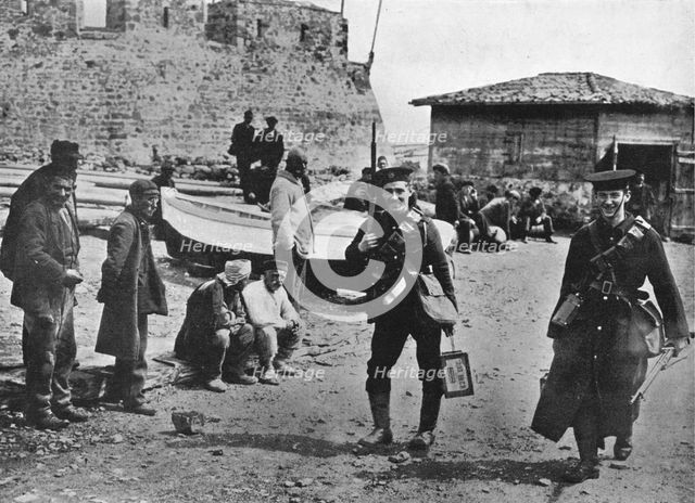 'Landing party of marines during the early part of operations against the Dardanelles', 1915. Artist: Unknown.