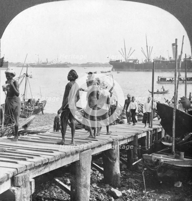 Landing stage on the Irawaddy River, Rangoon, Burma, 1908. Artist: Stereo Travel Co