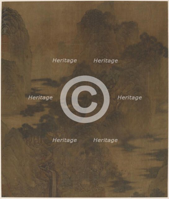 Landscape: mountain gorge, mist, a brook, and buildings, Ming dynasty, 17th century. Creator: Zhang Hong.