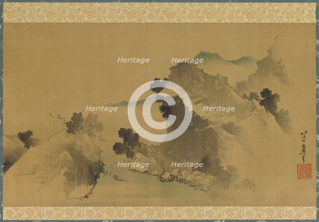Landscape: mountains, stream and boats, late 18th-early 19th century. Creator: Hokusai.