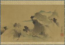 Landscape: mountains, stream and boats, late 18th-early 19th century. Creator: Hokusai