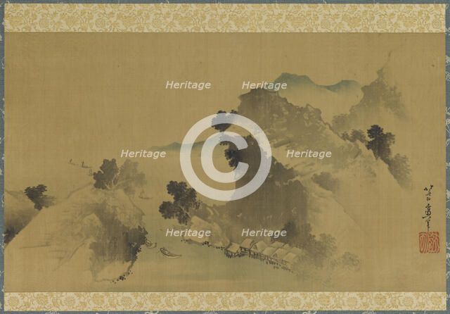 Landscape: mountains, stream and boats, late 18th-early 19th century. Creator: Hokusai.