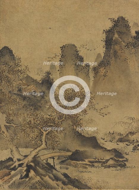Landscape: mountains, stream and bridge, late 15th-early 16th century. Creator: Kenko Shokei.