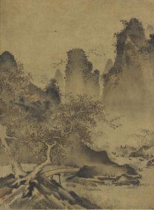 Landscape: mountains, stream and bridge, late 15th-early 16th century. Creator: Kenko Shokei