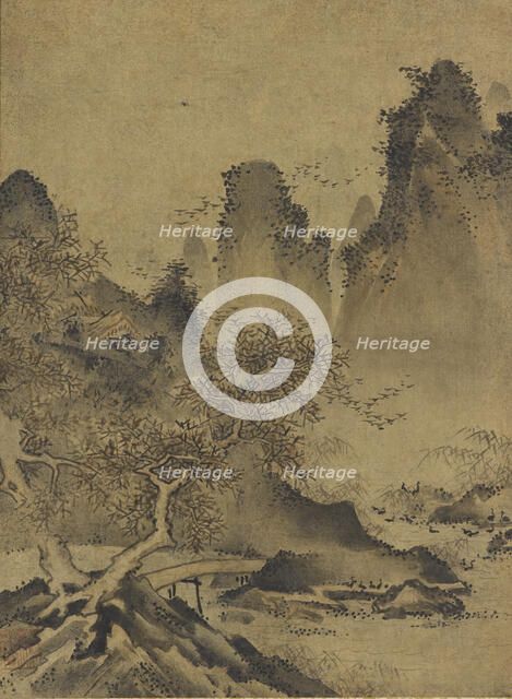 Landscape: mountains, stream and bridge, late 15th-early 16th century. Creator: Kenko Shokei.