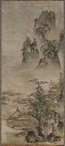 Landscape: mountains, stream and houses, Muromachi period, early 16th century. Creator: Gakuo Zokyu