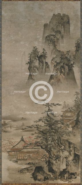 Landscape: mountains, stream and houses, Muromachi period, early 16th century. Creator: Gakuo Zokyu.