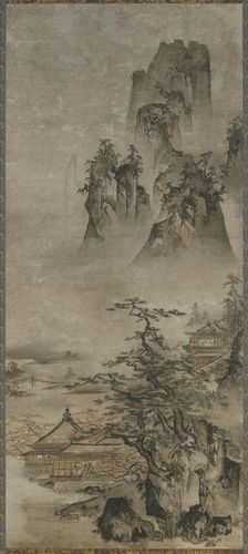 Landscape: mountains, stream and houses, Muromachi period, early 16th century. Creator: Gakuo Zokyu