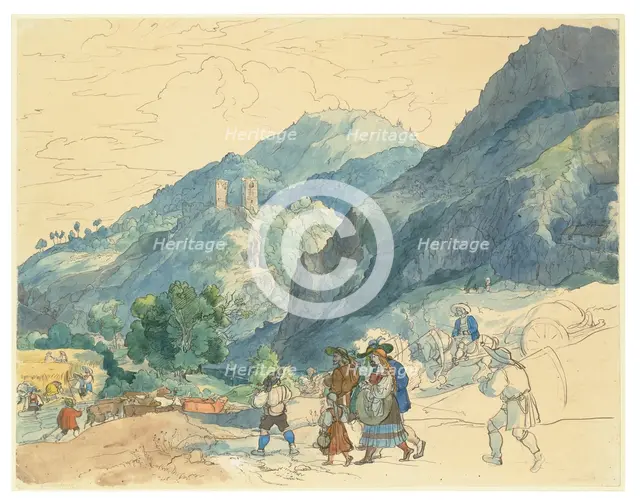 Landscape near Innsbruck with the Ruins at Fragenstein and Country People Return..., (c1816-1817?). Creator: Carl Philipp Fohr.