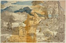 Landscape near Rocca Canterano with a woman with children, shepherds, and pilgrims, 1818. Creator: Carl Philipp Fohr