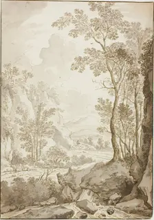 Landscape of Road through Trees and Hills; Figure on Donkey in Distance, 1638/1710. Creators: Unknown, Jan Hackaert
