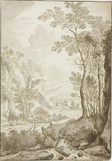 Landscape of Road through Trees and Hills; Figure on Donkey in Distance, 1638/1710. Creators: Unknown, Jan Hackaert
