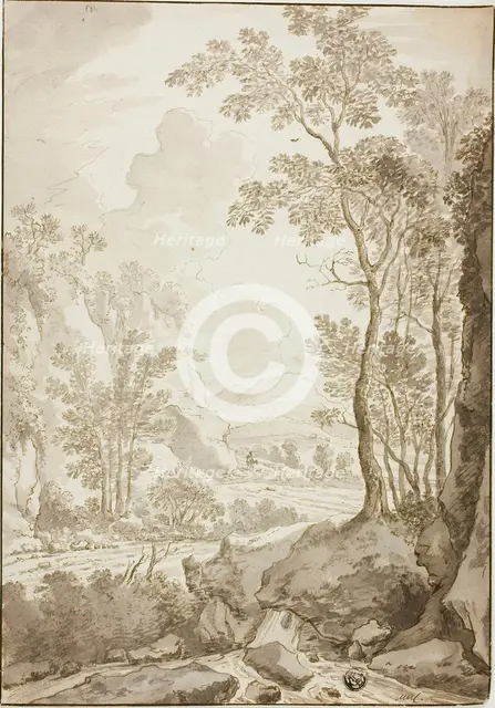 Landscape of Road through Trees and Hills; Figure on Donkey in Distance, 1638/1710. Creators: Unknown, Jan Hackaert.