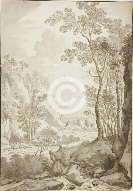Landscape of Road through Trees and Hills; Figure on Donkey in Distance, 1638/1710. Creators: Unknown, Jan Hackaert.