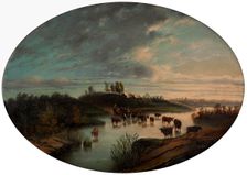 Landscape of the Guadaíra River being crossed by livestock, c1871. Creator: Jose Ramill