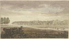 Landscape, a long grove in the background, fields with some sheaves of grain in..., 18th century. Creator: Jacobus van Liender