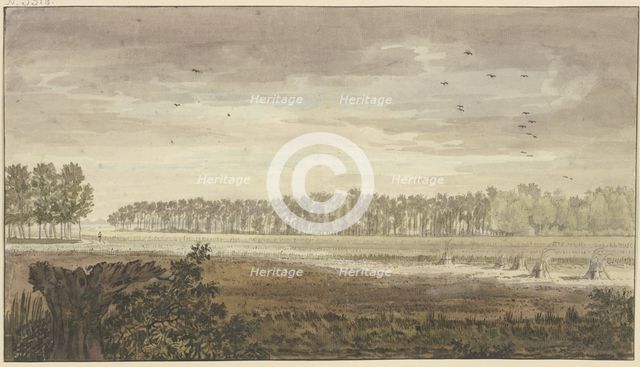 Landscape, a long grove in the background, fields with some sheaves of grain in..., 18th century. Creator: Jacobus van Liender.
