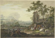 Landscape, a ruin on the right, a group of cattle with shepherds, a woman milking a cow..., 1777. Creator: Bernhard Heinrich Thier