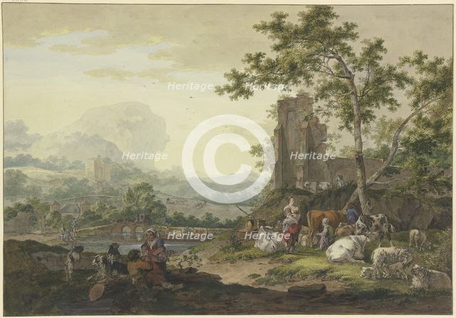 Landscape, a ruin on the right, a group of cattle with shepherds, a woman milking a cow..., 1777. Creator: Bernhard Heinrich Thier.