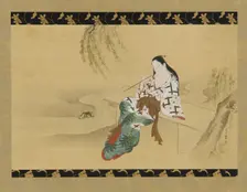 Landscape: a yujo sitting on a bench, 18th century. Creator: Miyagawa Choshun