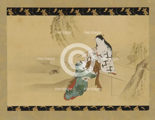 Landscape: a yujo sitting on a bench, 18th century. Creator: Miyagawa Choshun.