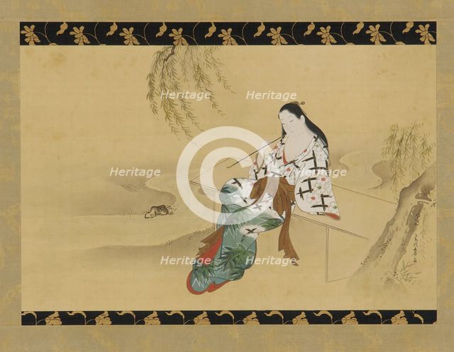 Landscape: a yujo sitting on a bench, 18th century. Creator: Miyagawa Choshun.