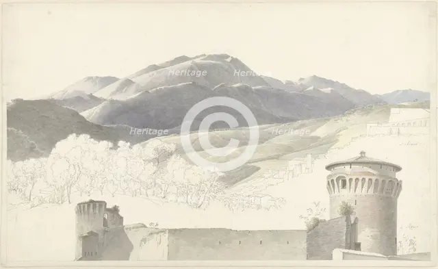 Landscape at Subiaco and building in Rome, 1787-1847. Creator: Josephus Augustus Knip.