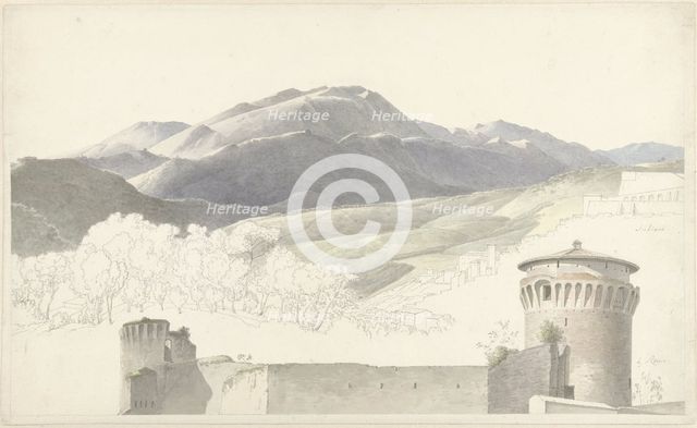 Landscape at Subiaco and building in Rome, 1787-1847. Creator: Josephus Augustus Knip.