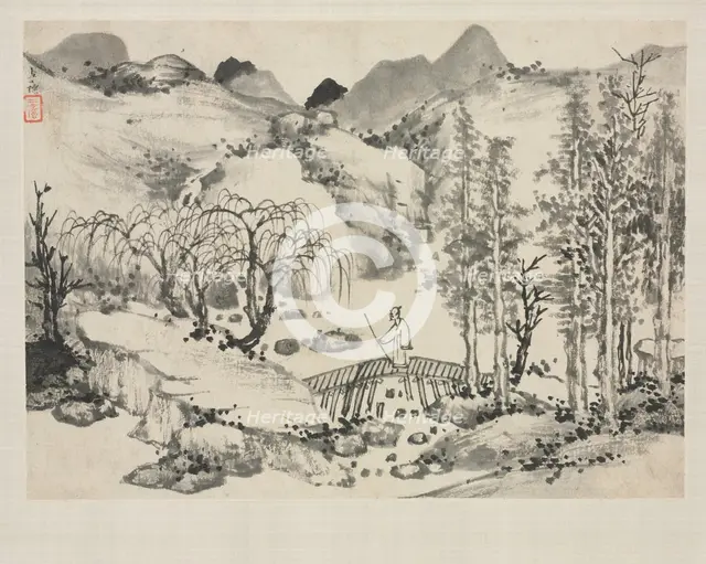 Landscape Album in Various Styles: Landscape with Artist on a Bridge, 1684. Creator: Zha Shibiao (Chinese, 1615-1698).