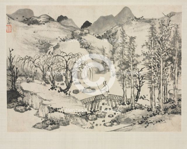Landscape Album in Various Styles: Landscape with Artist on a Bridge, 1684. Creator: Zha Shibiao (Chinese, 1615-1698).