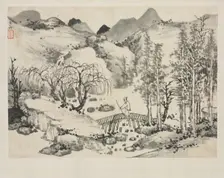 Landscape Album in Various Styles: Landscape with Artist on a Bridge, 1684. Creator: Zha Shibiao (Chinese, 1615-1698)