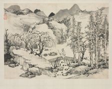 Landscape Album in Various Styles: Landscape with Artist on a Bridge, 1684. Creator: Zha Shibiao (Chinese, 1615-1698)