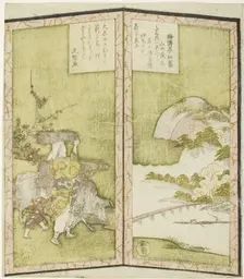 Landscape and Oharame (a woman from Ohara), from an untitled hexaptych depicting..., c. 1825. Creator: Shinsai