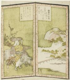 Landscape and Oharame (a woman from Ohara), from an untitled hexaptych depicting..., c. 1825. Creator: Shinsai