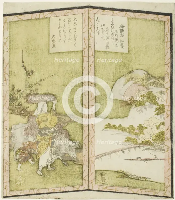 Landscape and Oharame (a woman from Ohara), from an untitled hexaptych depicting..., c. 1825. Creator: Shinsai.