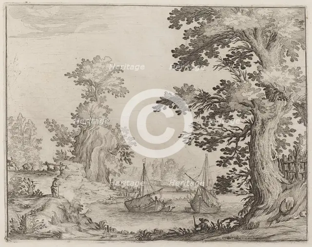 Landscape and River with Anchored Vessels, 1638. Creator: Ercole Bazicaluva.