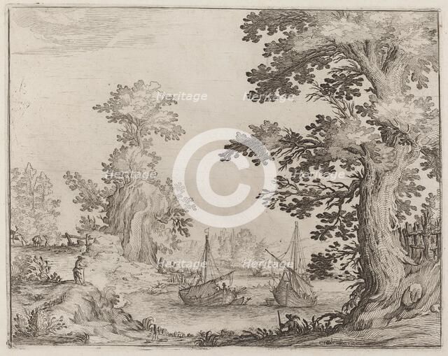 Landscape and River with Anchored Vessels, 1638. Creator: Ercole Bazicaluva.