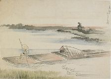 Landscape: boatman poling his raft, late 18th-early 19th century. Creator: Hokusai
