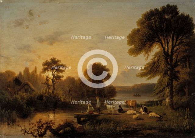 Landscape, Cattle and People, 1839. Creator: Honore Gaspard Delaroche.