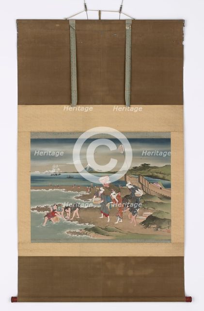 Landscape: clam-gatherers on the shore, late 18th-early 19th century. Creator: Hokusai.