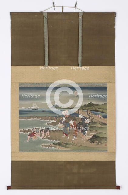 Landscape: clam-gatherers on the shore, late 18th-early 19th century. Creator: Hokusai.