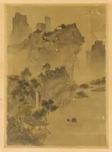 Landscape: cliffs overhanging water - pavilion and pines, Possibly Ming dynasty, 1368-1644. Creator: Unknown
