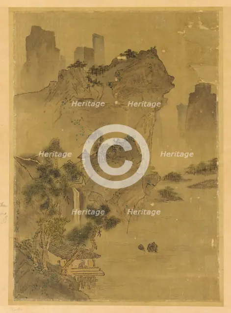 Landscape: cliffs overhanging water - pavilion and pines, Possibly Ming dynasty, 1368-1644. Creator: Unknown.
