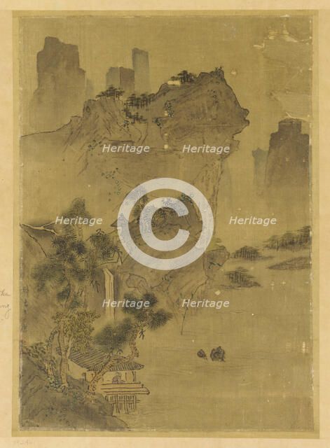 Landscape: cliffs overhanging water - pavilion and pines, Possibly Ming dynasty, 1368-1644. Creator: Unknown.