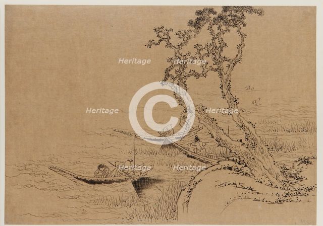 Landscape: figures fishing from boats, late 18th-early 19th century. Creator: Hokusai.