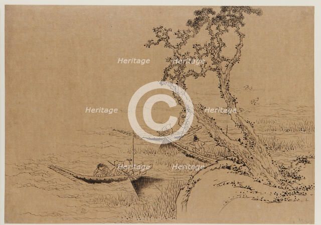 Landscape: figures fishing from boats, late 18th-early 19th century. Creator: Hokusai.