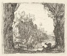 Landscape flanked by trees in the left and right foreground, silhouettes of two goa..., ca. 1641-78. Creator: Karel Du Jardin