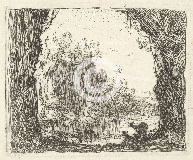 Landscape flanked by trees in the left and right foreground, silhouettes of two goa..., ca. 1641-78. Creator: Karel Du Jardin.